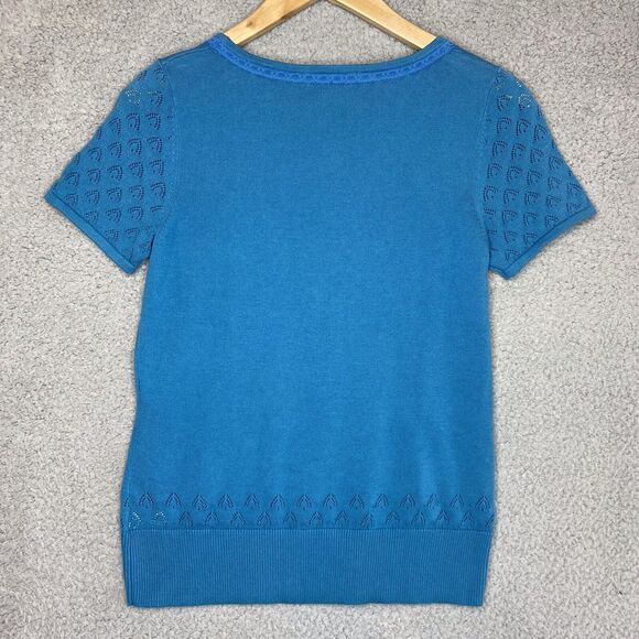 Minimalist Sweater Knit M Cottagecore Dainty Pointelle Blue SS 100% Cotton - Picture 9 of 14